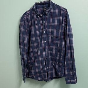 J. Crew Men's Navy and Pink Checkered Shirt